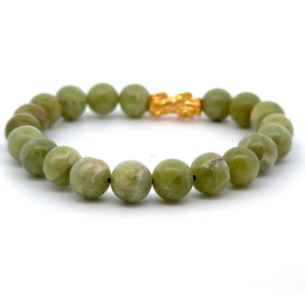 Natural Peridot Stretchable Bracelet Size 7 with 24K Gold Dragon Pixiu - Picture 5 of 7